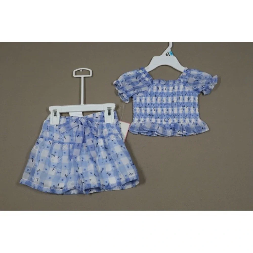 Rare Editions‎ Baby Girls Gingham Daisy Top and Shorts, 2 Piece Set - Blue - 12M